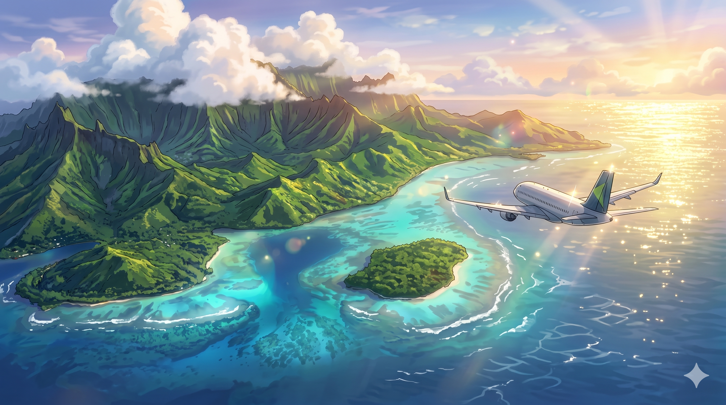 Airplane soaring above tropical mountain peaks and turquoise ocean